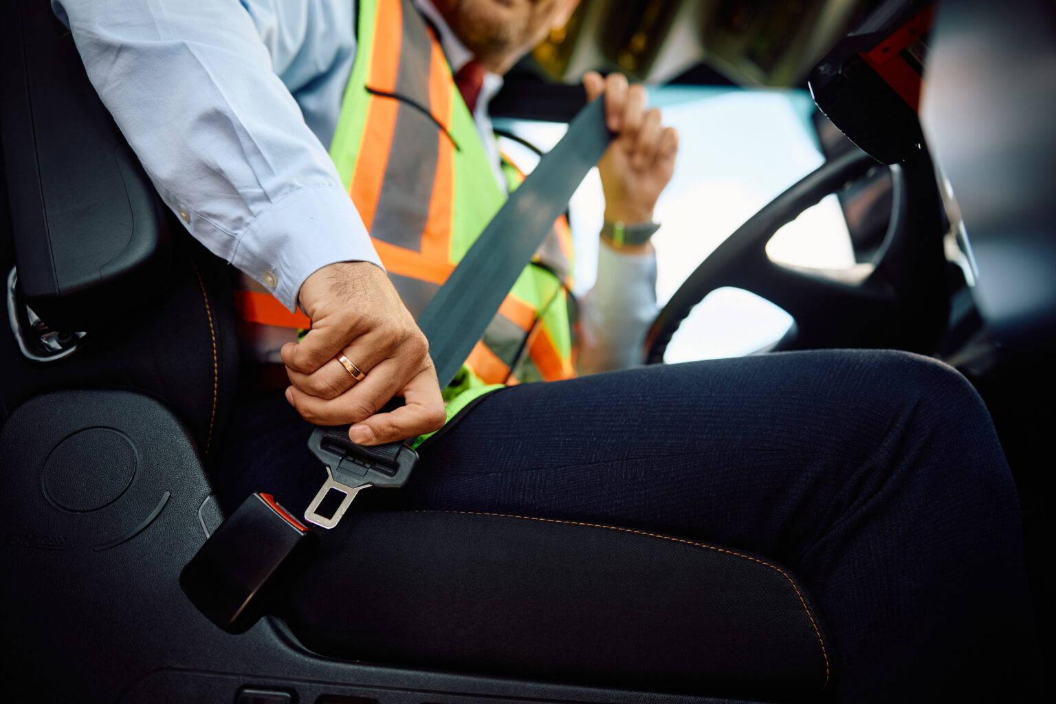 School bus interior with seat belts